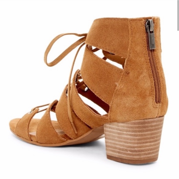 Lucky Brand Suede Open Toe Block Stacked Heel Brown Front Lace  Zip Back Shoe 6 - Picture 2 of 9